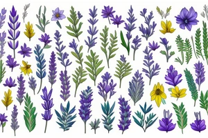 Daffodils, bluebells, lavender, ferns, colourful. tattoo idea