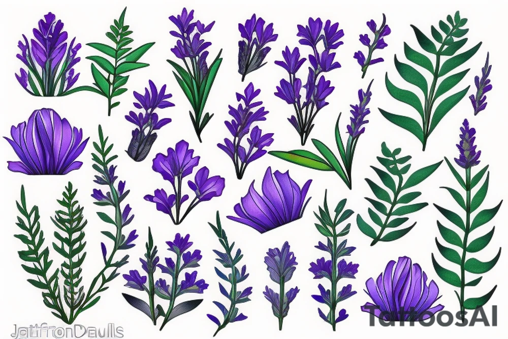 Daffodils, bluebells, lavender, ferns, colourful. tattoo idea