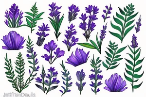 Daffodils, bluebells, lavender, ferns, colourful. tattoo idea