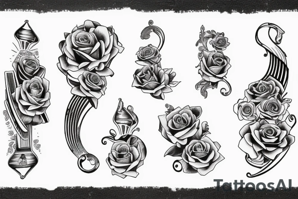 Sleeve Aquarius, time, rose, piano keys tattoo idea
