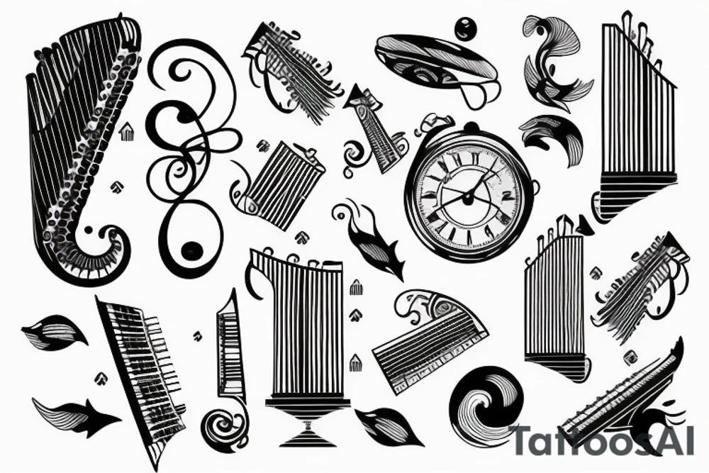 Sleeve Aquarius, time, rose, piano keys tattoo idea