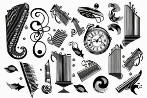 Sleeve Aquarius, time, rose, piano keys tattoo idea