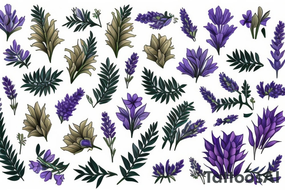 A bunch of daffodils and bluebells and lavender and  ferns tattoo idea