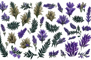 A bunch of daffodils and bluebells and lavender and  ferns tattoo idea