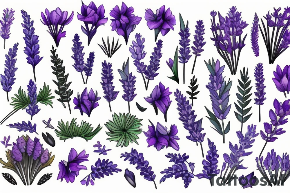 A bunch of daffodils and bluebells and lavender and  ferns tattoo idea