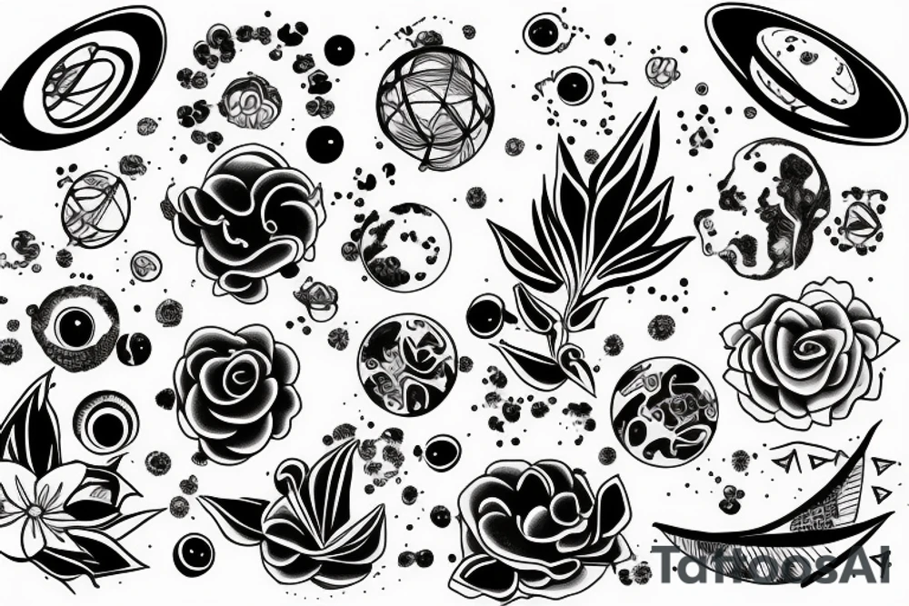 planets and DNA strands with flowers tattoo idea