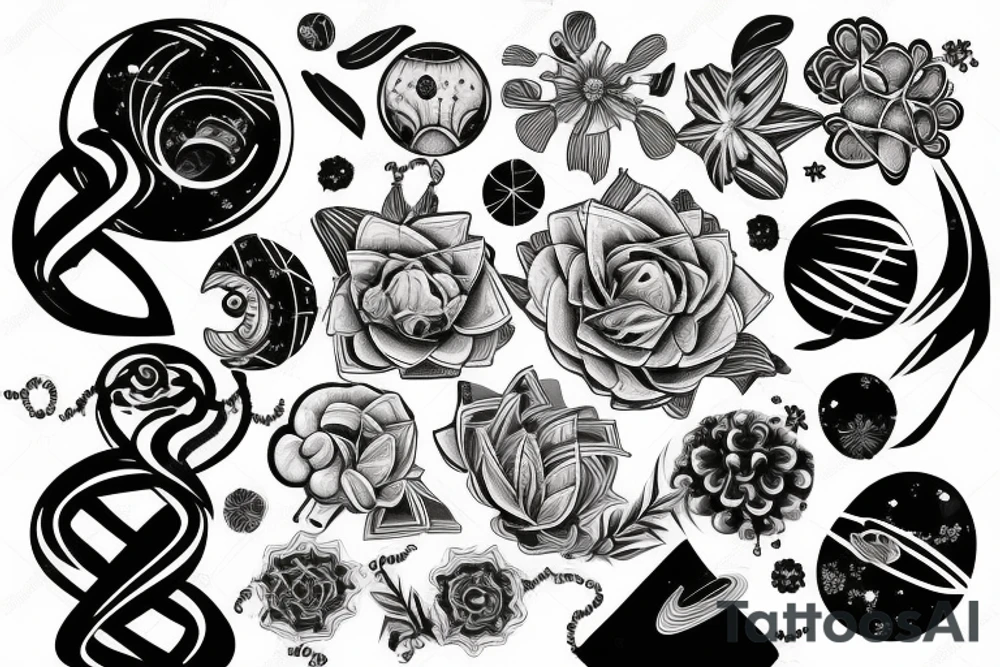 planets and DNA strands with flowers tattoo idea
