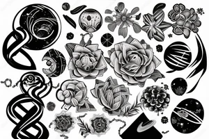 planets and DNA strands with flowers tattoo idea