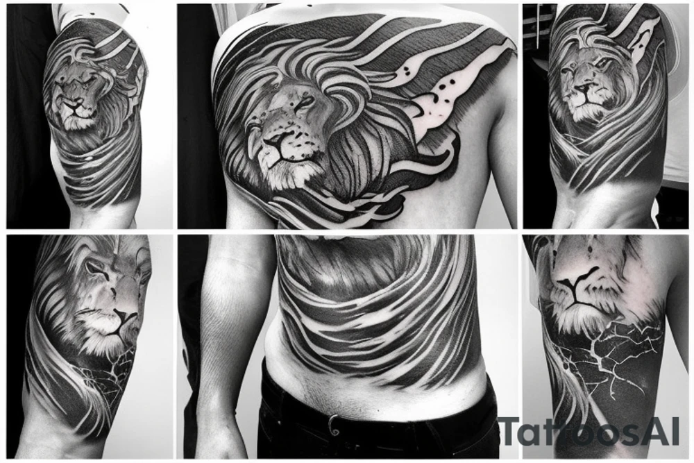 A male lion in a lightning storm tattoo idea