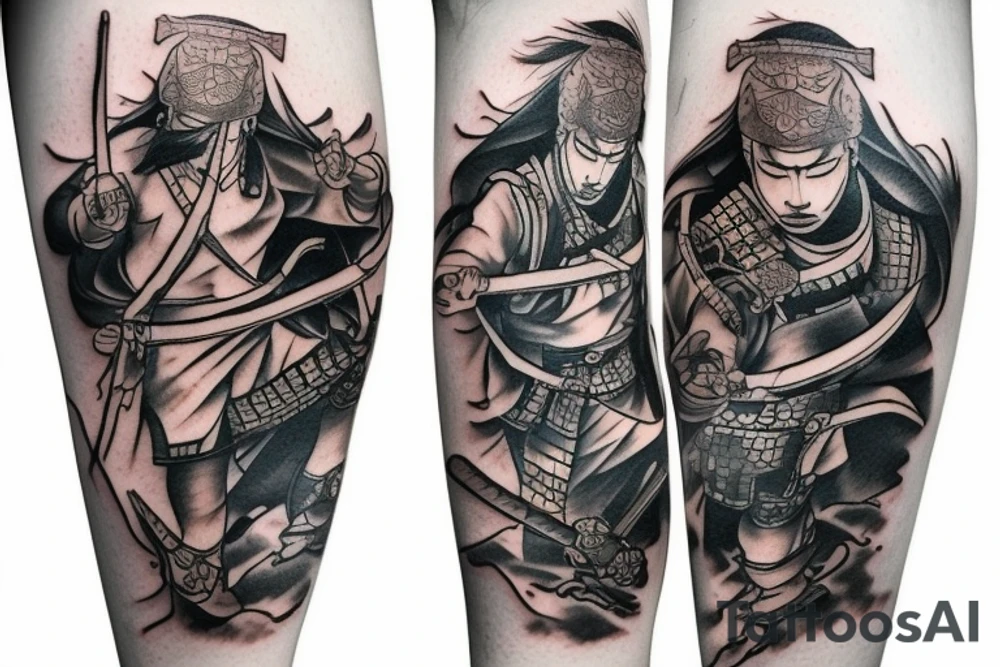 unique samurai tattoo with some japanese styled culture add-ons placed on leg tattoo idea