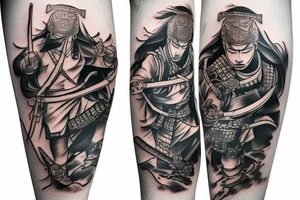 unique samurai tattoo with some japanese styled culture add-ons placed on leg tattoo idea