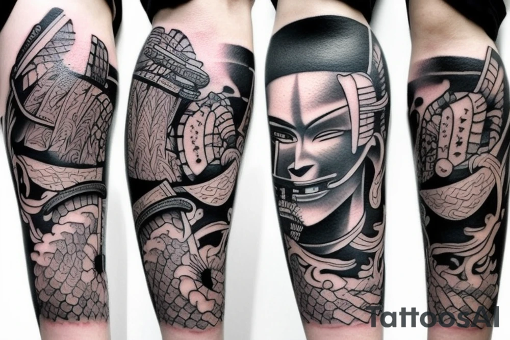 unique samurai tattoo with some japanese styled culture add-ons placed on leg tattoo idea