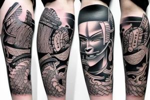unique samurai tattoo with some japanese styled culture add-ons placed on leg tattoo idea