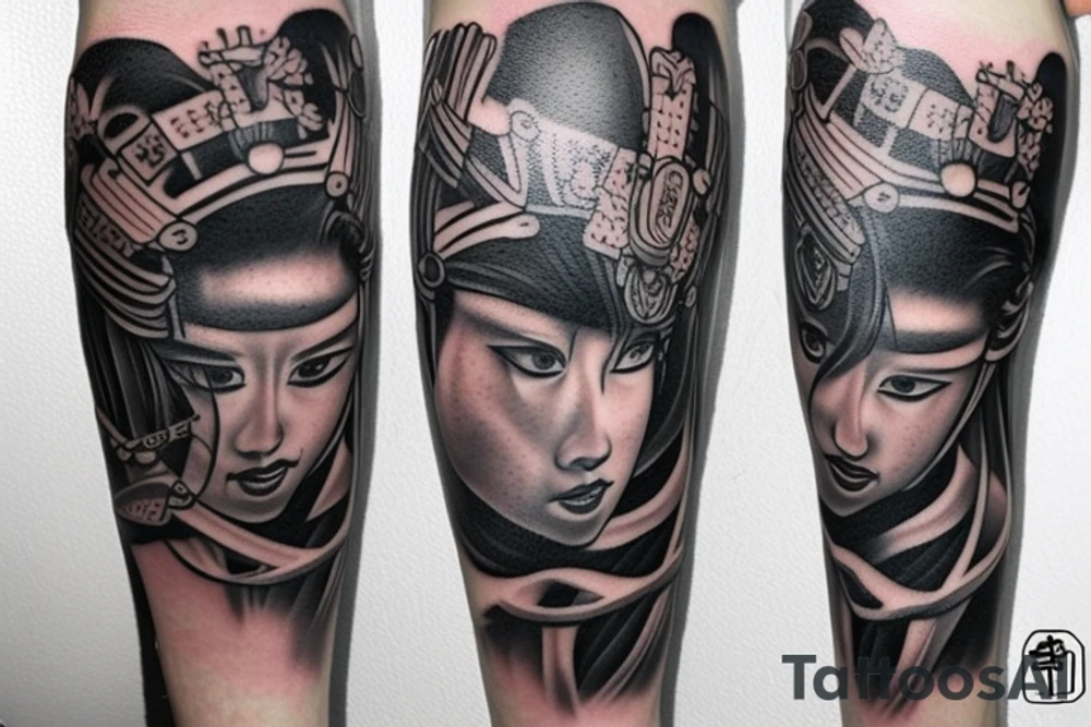 unique samurai tattoo with some japanese styled culture add-ons placed on leg tattoo idea