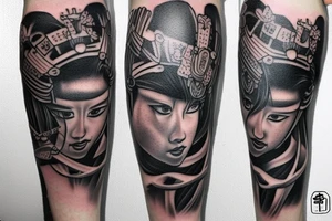 unique samurai tattoo with some japanese styled culture add-ons placed on leg tattoo idea