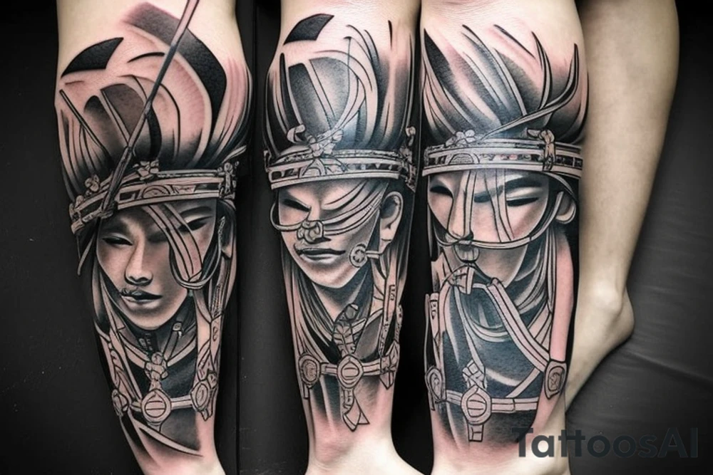 unique samurai tattoo with some japanese styled culture add-ons placed on leg tattoo idea