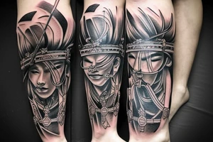 unique samurai tattoo with some japanese styled culture add-ons placed on leg tattoo idea