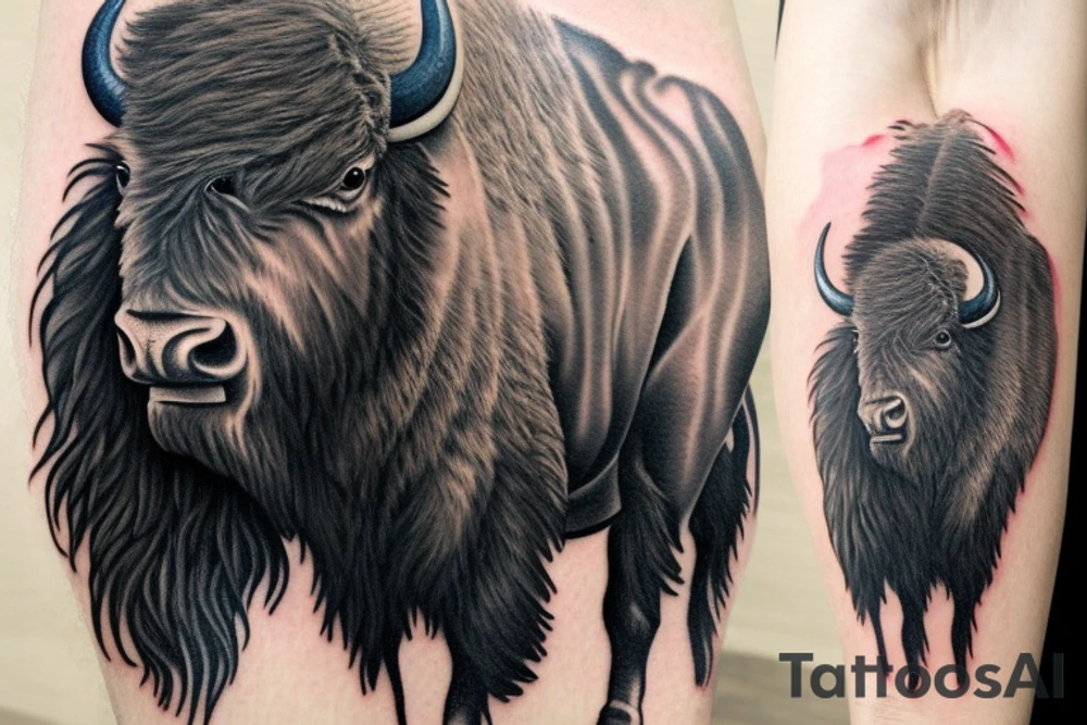 A realistic bison tattoo on the forearm, surrounded by traditional Romanian painting motives. tattoo idea