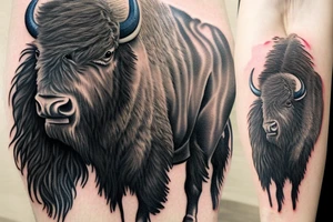 A realistic bison tattoo on the forearm, surrounded by traditional Romanian painting motives. tattoo idea