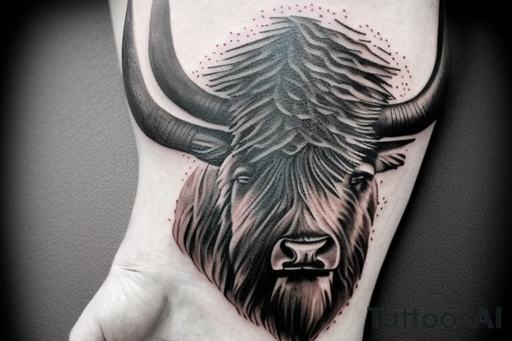 A realistic bison tattoo on the forearm, surrounded by traditional Romanian painting motives. tattoo idea