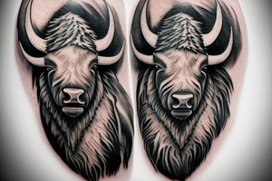 A realistic bison head tattoo on the forearm, surrounded by traditional Romanian painting motives. tattoo idea