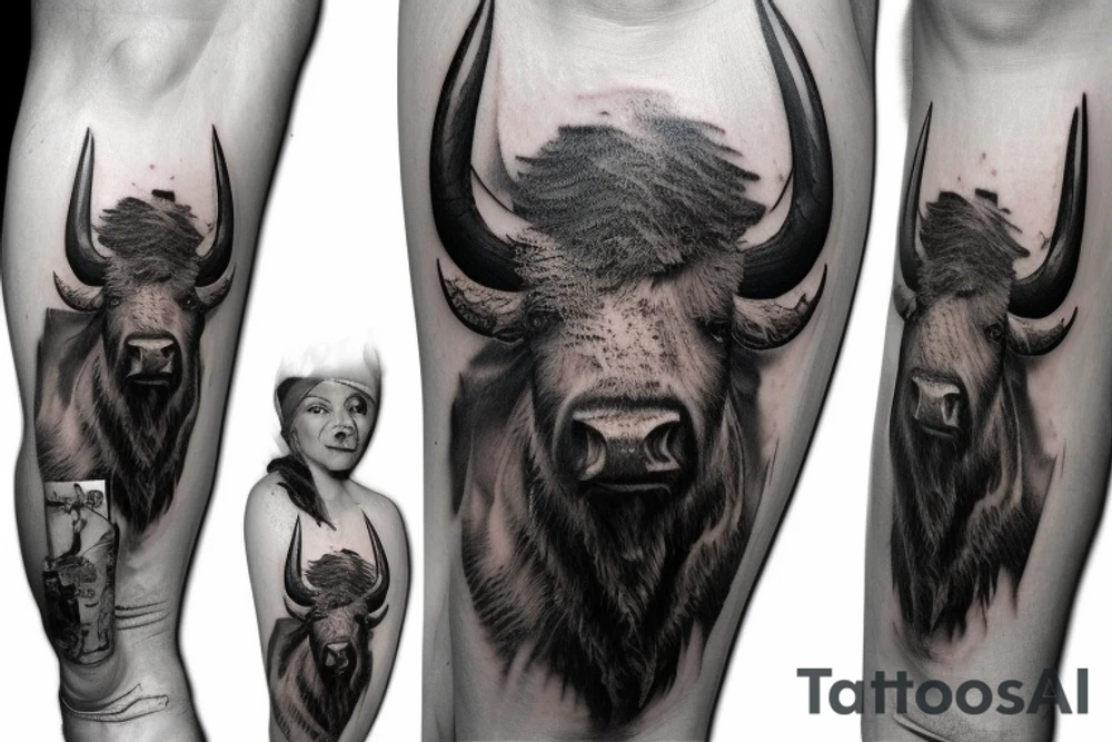 A realistic bison head tattoo on the forearm, surrounded by traditional Romanian painting motives. tattoo idea
