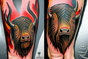 A realistic bison head tattoo on the forearm, surrounded by traditional Romanian painting motives. tattoo idea