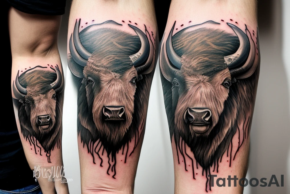 A realistic bison head tattoo on the forearm, surrounded by traditional Romanian painting motives. tattoo idea