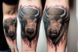 A realistic bison head tattoo on the forearm, surrounded by traditional Romanian painting motives. tattoo idea
