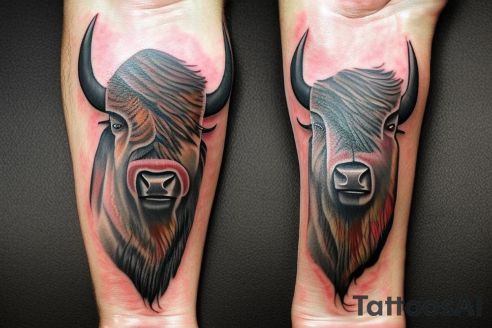 A realistic bison head tattoo on the forearm surrounded by traditional Romanian painting motives. tattoo idea
