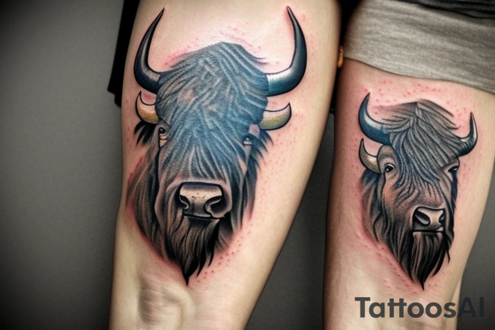 A realistic bison head tattoo on the forearm surrounded by traditional Romanian painting motives. tattoo idea