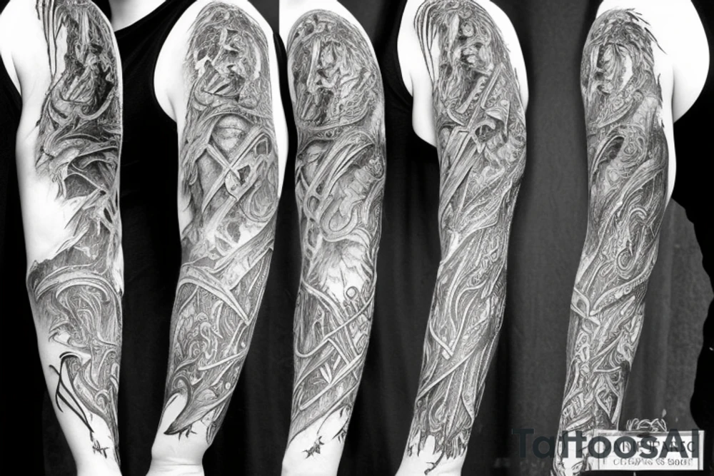 Lord of the rings full sleeve. the fellowship, Orthanc, barad dur, minas tirith, face from aragorn tattoo idea