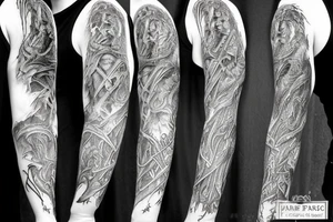 Lord of the rings full sleeve. the fellowship, Orthanc, barad dur, minas tirith, face from aragorn tattoo idea