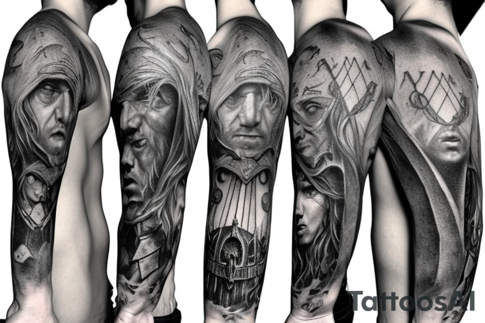 Lord of the rings full sleeve. the fellowship, Orthanc, barad dur, minas tirith, face from aragorn tattoo idea