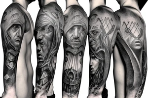 Lord of the rings full sleeve. the fellowship, Orthanc, barad dur, minas tirith, face from aragorn tattoo idea