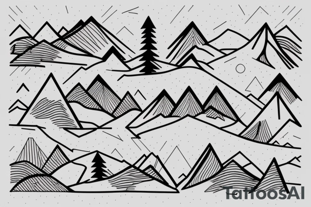 Mountains, climbing and snow, geometrical shapes in lineart tattoo idea