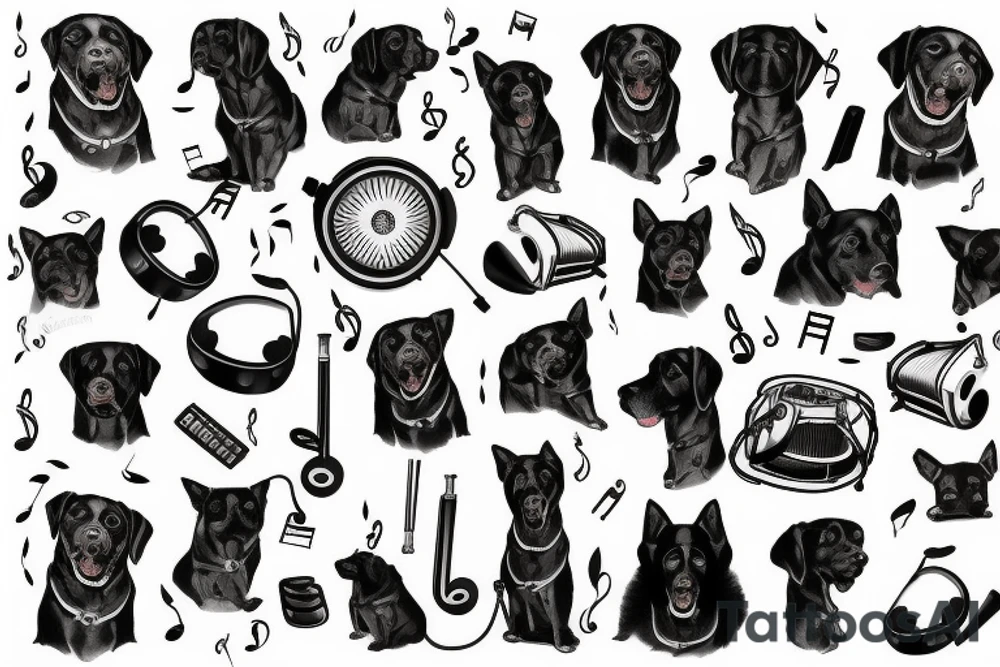 Black dog, music, god, tattoo idea