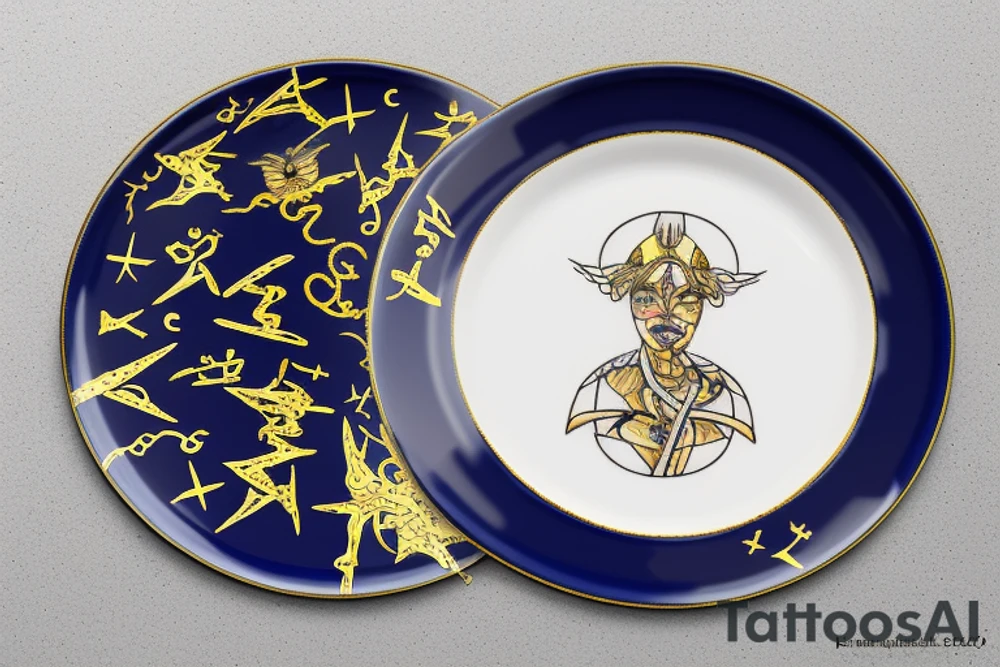 Japanese Kintsugi ceramic plate with aquarius zodiac sign tattoo idea