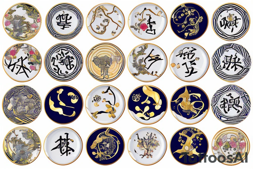 Japanese broken Kintsugi ceramic plate with greek style aquarius zodiac sign tattoo idea