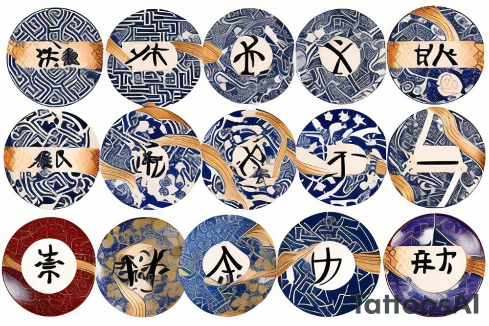 Japanese broken Kintsugi ceramic plate with greek style aquarius zodiac sign tattoo idea