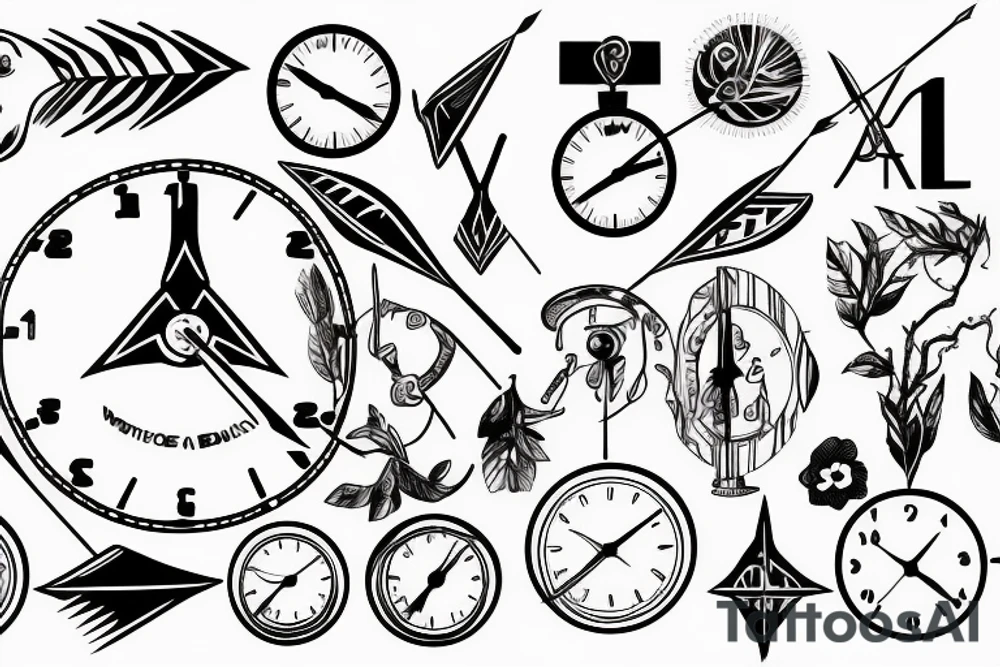 arrow, clock, nature, compas, tattoo idea