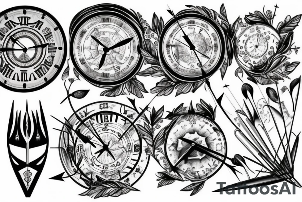 arrow, clock, nature, compas, tattoo idea