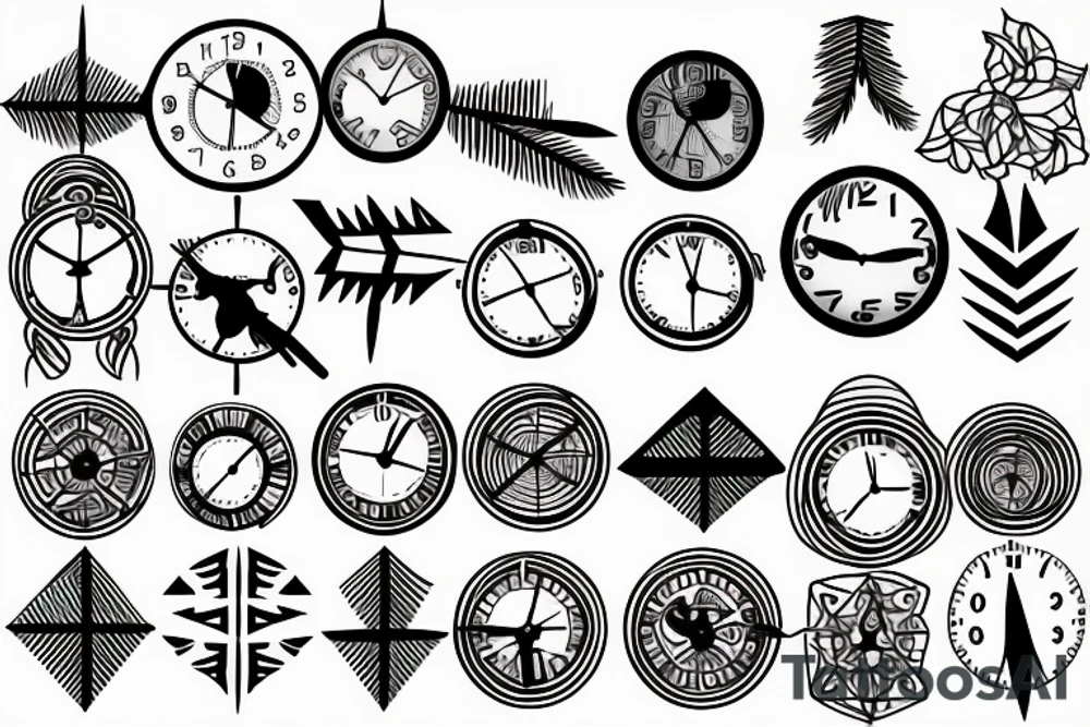 a clock and an arrow combined with nature tattoo idea