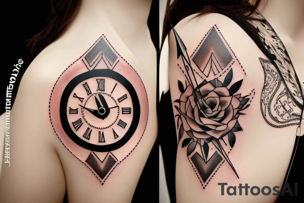 a clock and an arrow combined with nature tattoo idea