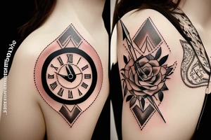 a clock and an arrow combined with nature tattoo idea