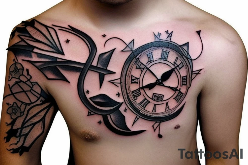 a clock and an arrow combined with nature tattoo idea