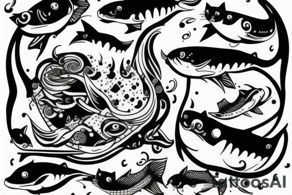 Weird cat licking flying fish tattoo idea