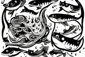 Weird cat licking flying fish tattoo idea