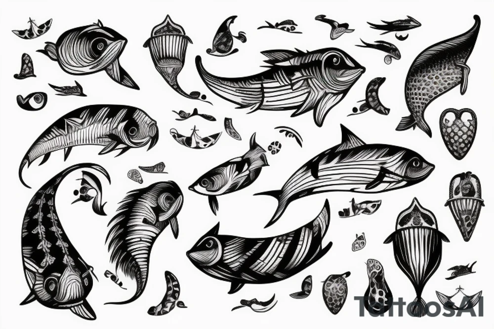 Weird cat licking flying fish tattoo idea