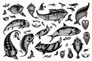 Weird cat licking flying fish tattoo idea